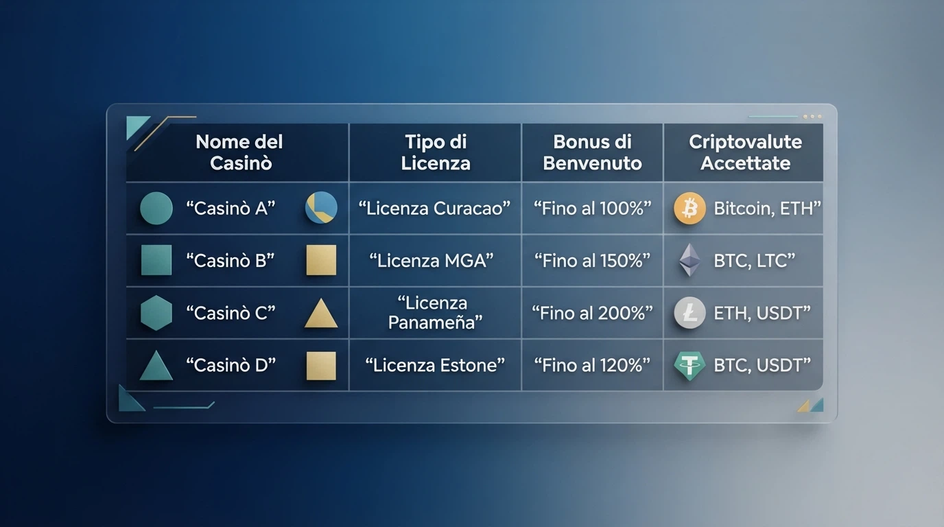 Una tabella comparativa stilizzata con loghi di casino, accanto a icone di licenze Curaçao, percentuali di bonus e simboli di criptovalute, su uno sfondo pulito da dashboard finanziaria.