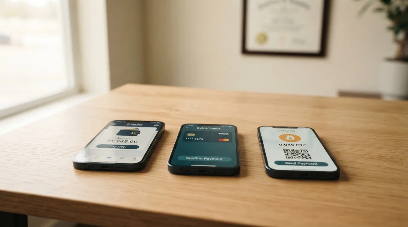 Una tabella comparativa stilizzata con le icone dei metodi di pagamento (Google Pay, carta, crypto) accanto ai nomi dei casinò recensiti