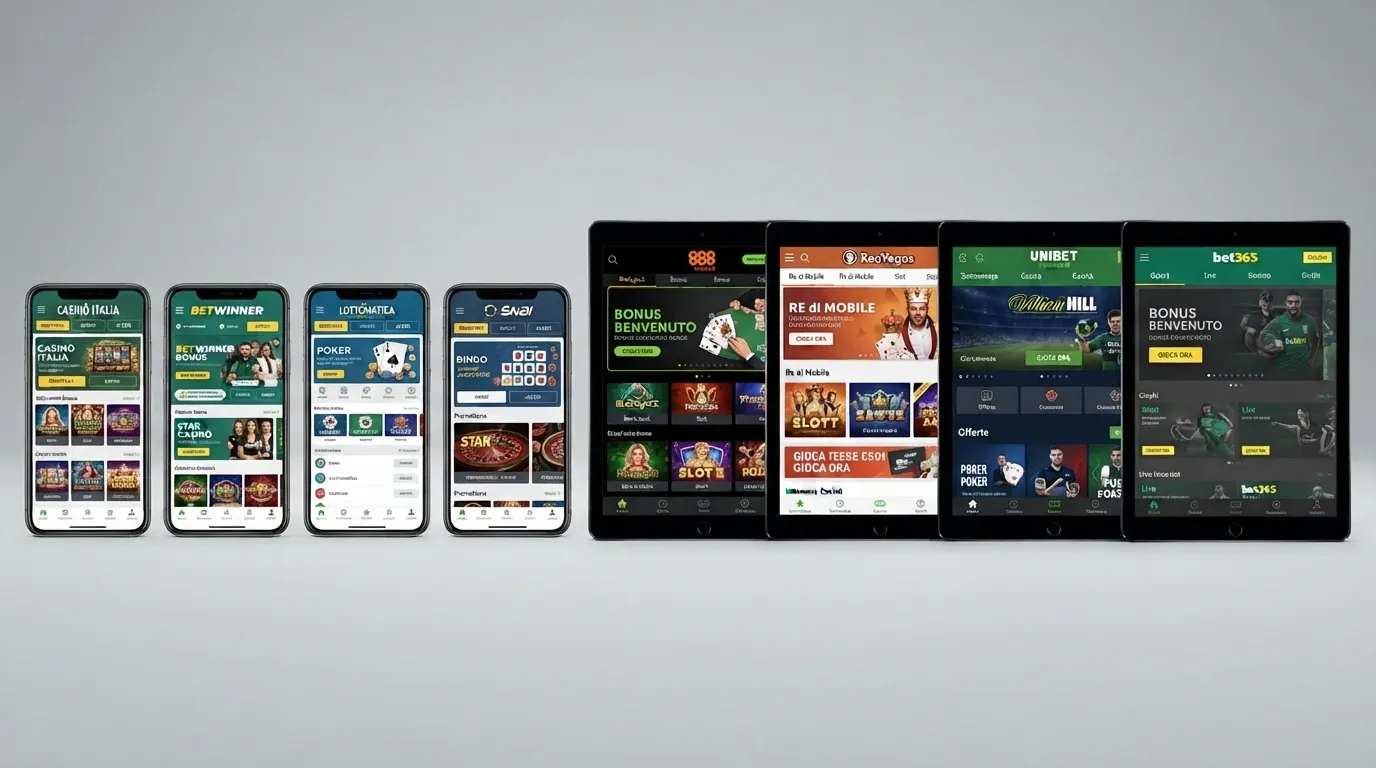 Una vista d'insieme delle homepage di diversi casino online con concessione ADM, affiancate in un layout comparativo