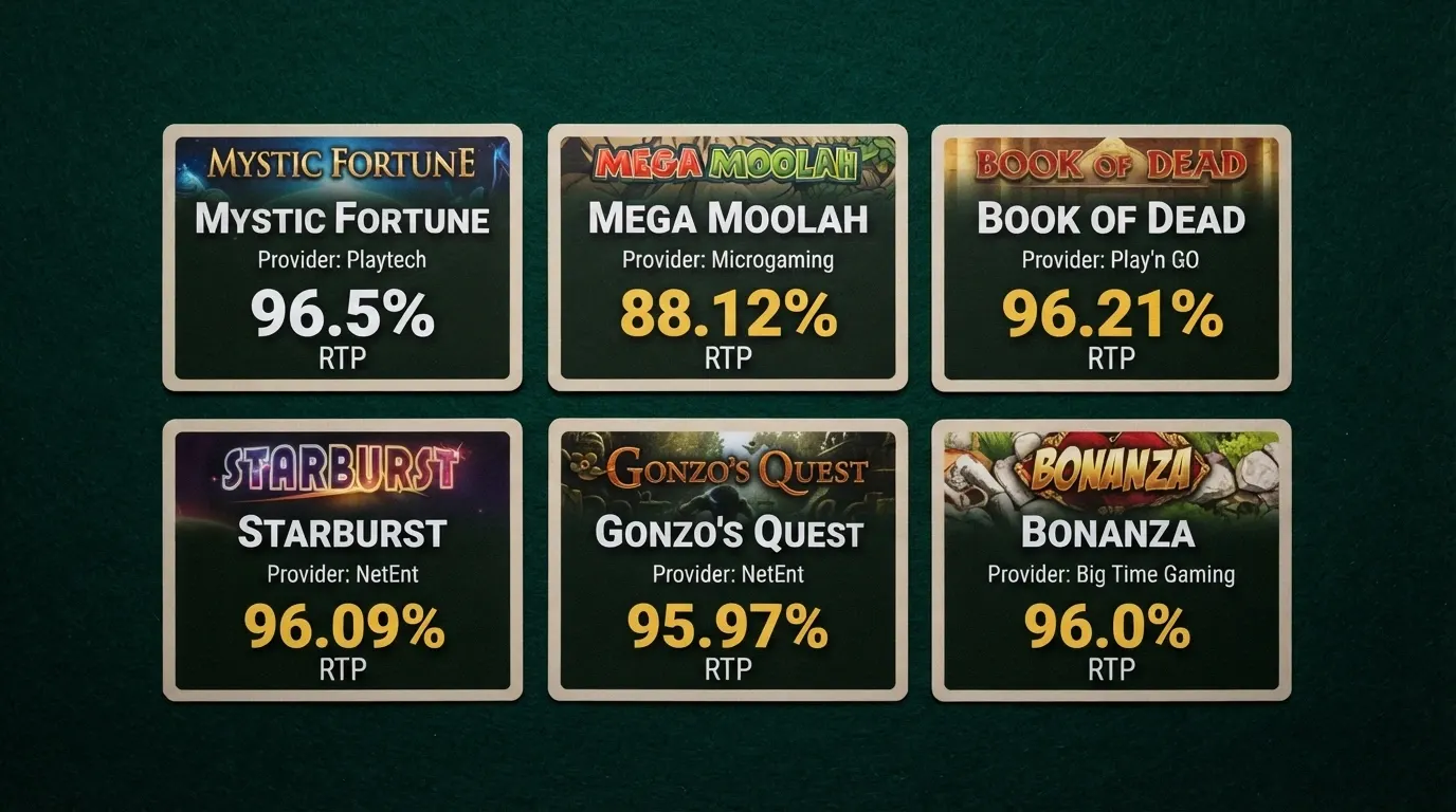 Griglia di sei schede di slot machine affiancate, ciascuna con il titolo del gioco, il logo del provider e la percentuale RTP in evidenza
