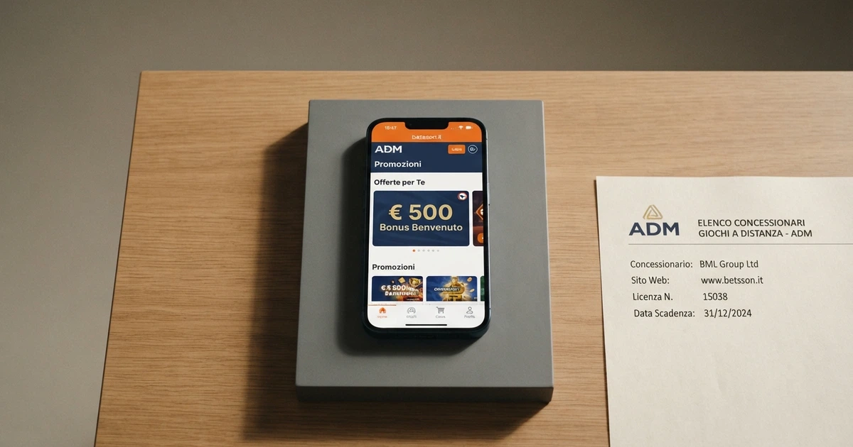 Uno smartphone con la schermata della sezione promozioni di un casinò ADM italiano, affiancato da un estratto dell'elenco concessionari ADM
