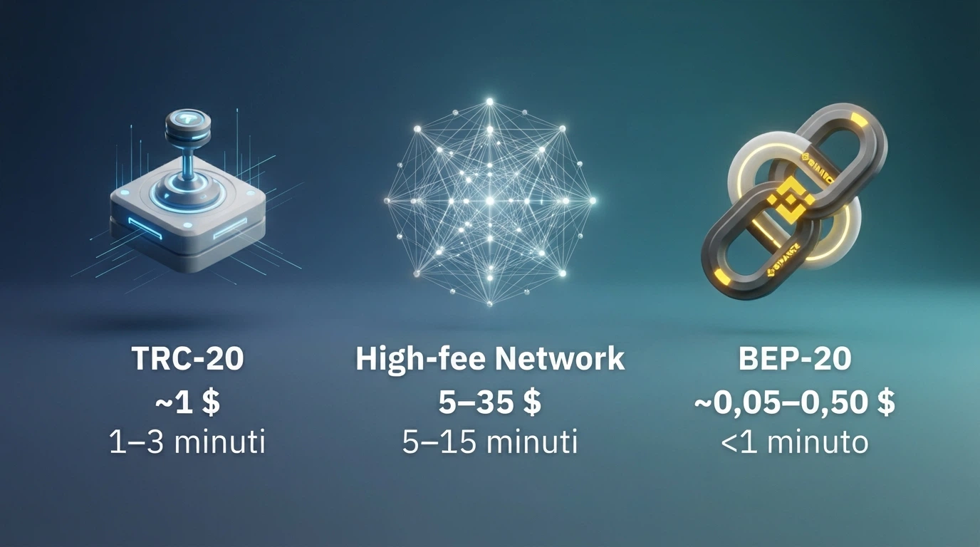 Schema comparativo delle tre reti blockchain per USDT con icone di Tron, Ethereum e BNB Chain, affiancate dai rispettivi importi in dollari delle commissioni medie e dai tempi di conferma.