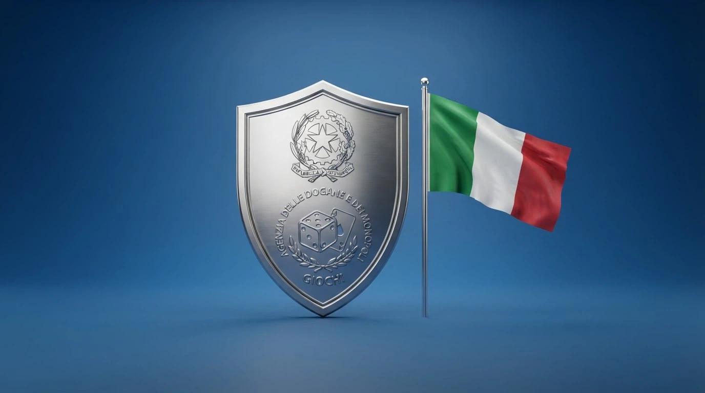 Il logo ufficiale dell'Agenzia delle Dogane e dei Monopoli accanto alla bandiera italiana, su sfondo istituzionale pulito