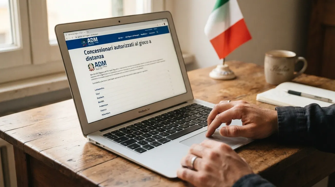 Logo dell'Agenzia delle Dogane e dei Monopoli accanto alla dicitura «concessionari autorizzati al gioco a distanza» e un estratto dell'elenco pubblico ADM