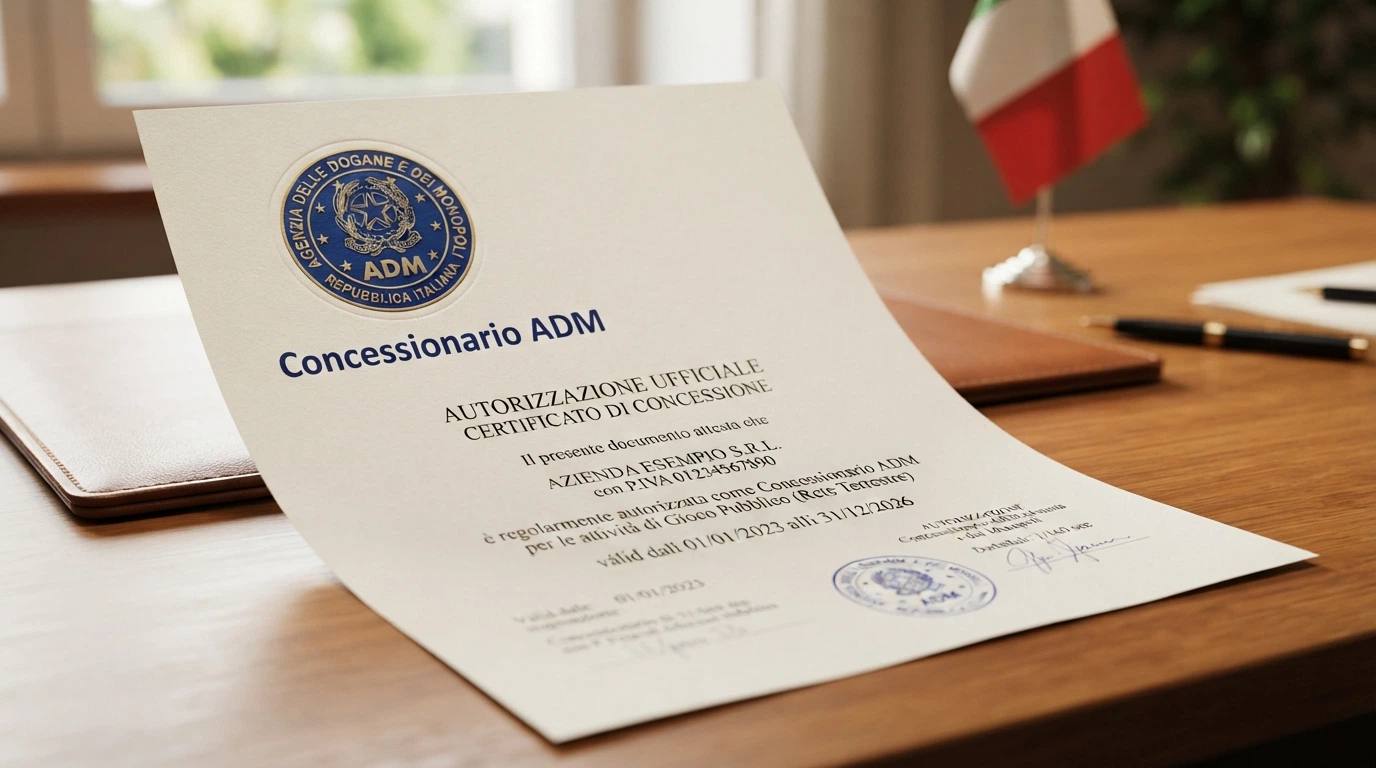 Il logo ufficiale dell'Agenzia delle Dogane e dei Monopoli accanto alla dicitura «Concessionario ADM» su uno sfondo che richiama un documento ufficiale