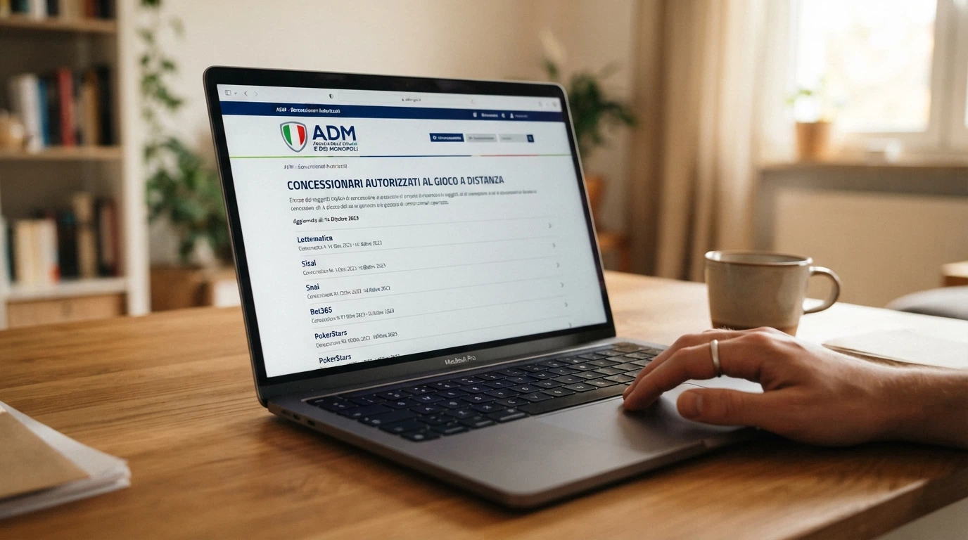 Il logo dell'Agenzia delle Dogane e dei Monopoli accanto alla dicitura «Concessionari autorizzati al gioco a distanza» e un estratto del registro ADM
