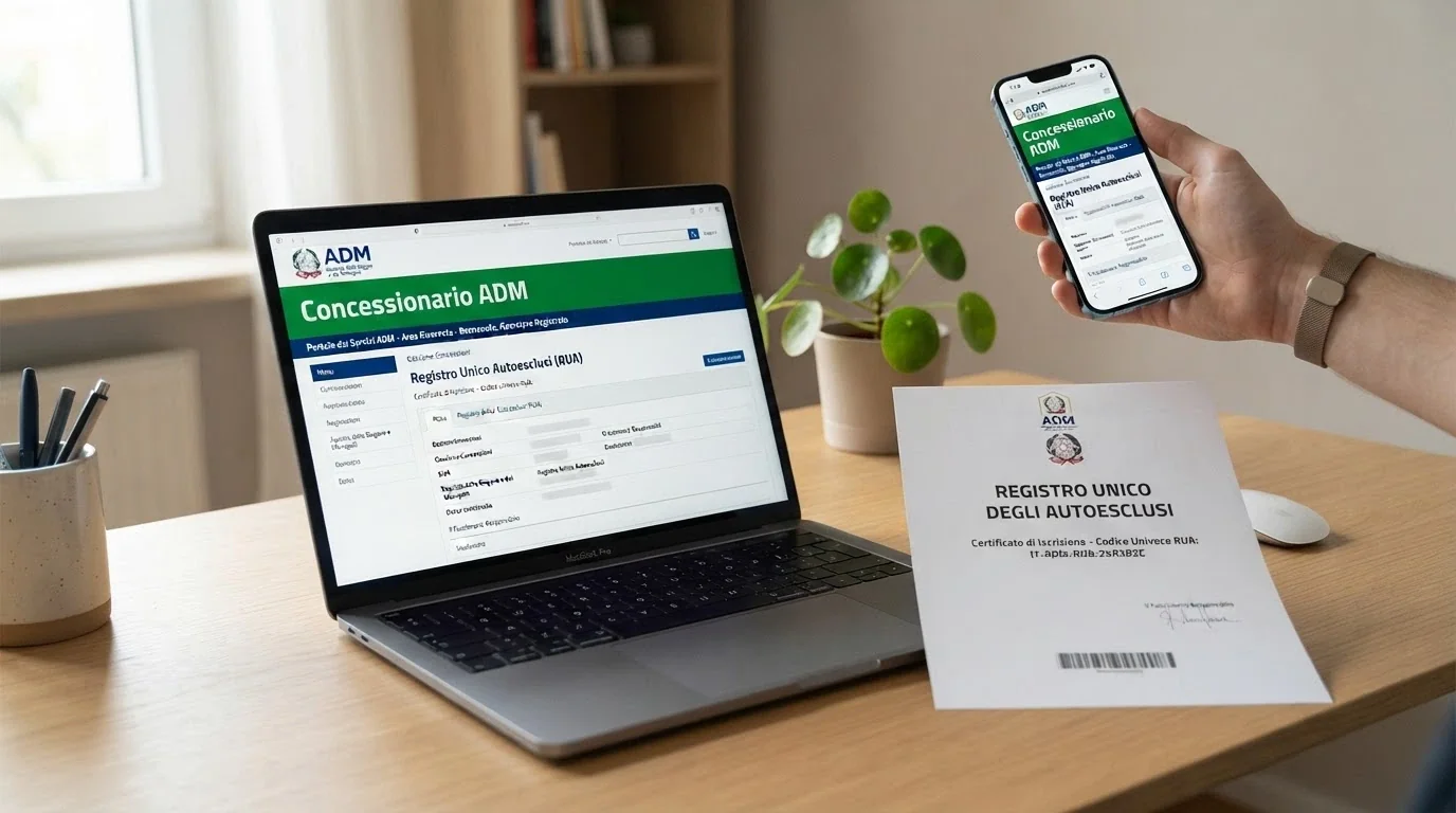 Il logo ufficiale dell'Agenzia delle Dogane e dei Monopoli accanto al simbolo del Registro Unico degli Autoesclusi, su sfondo bianco pulito con bollino «Concessionario ADM» in verde
