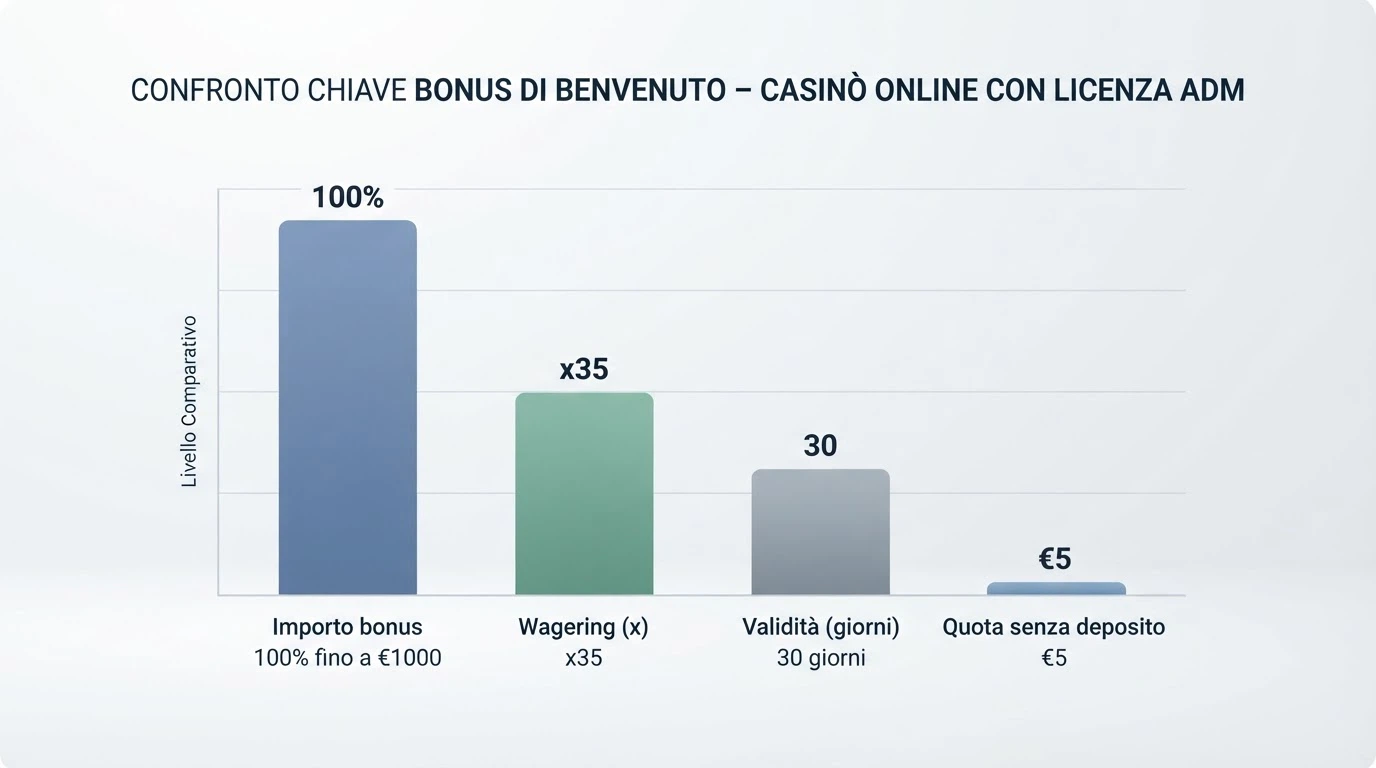 Tabella comparativa con righe per operatore e colonne per importo bonus, wagering, validità e quota senza deposito