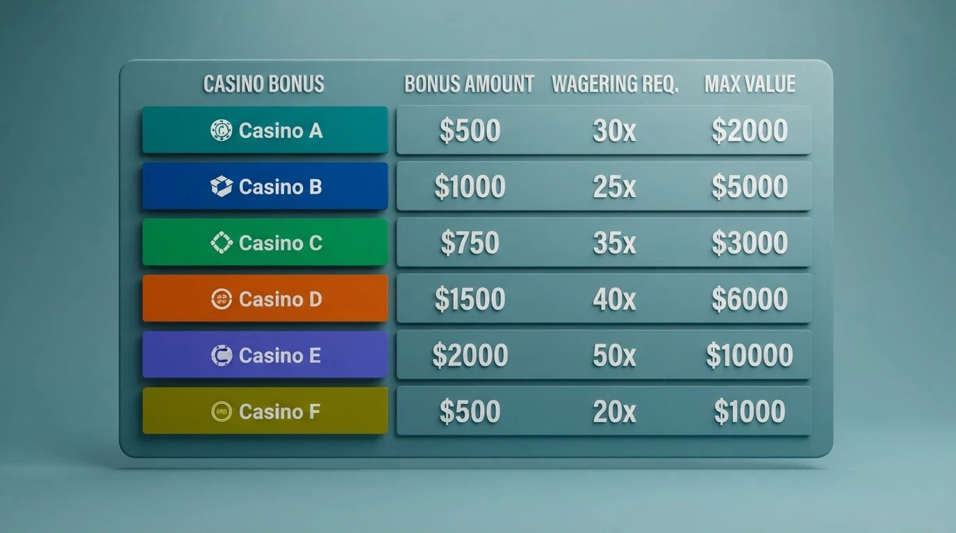 Vista d'insieme di una tabella comparativa con nomi di casinò ADM, importi dei bonus di benvenuto, requisiti di puntata e codici concessione