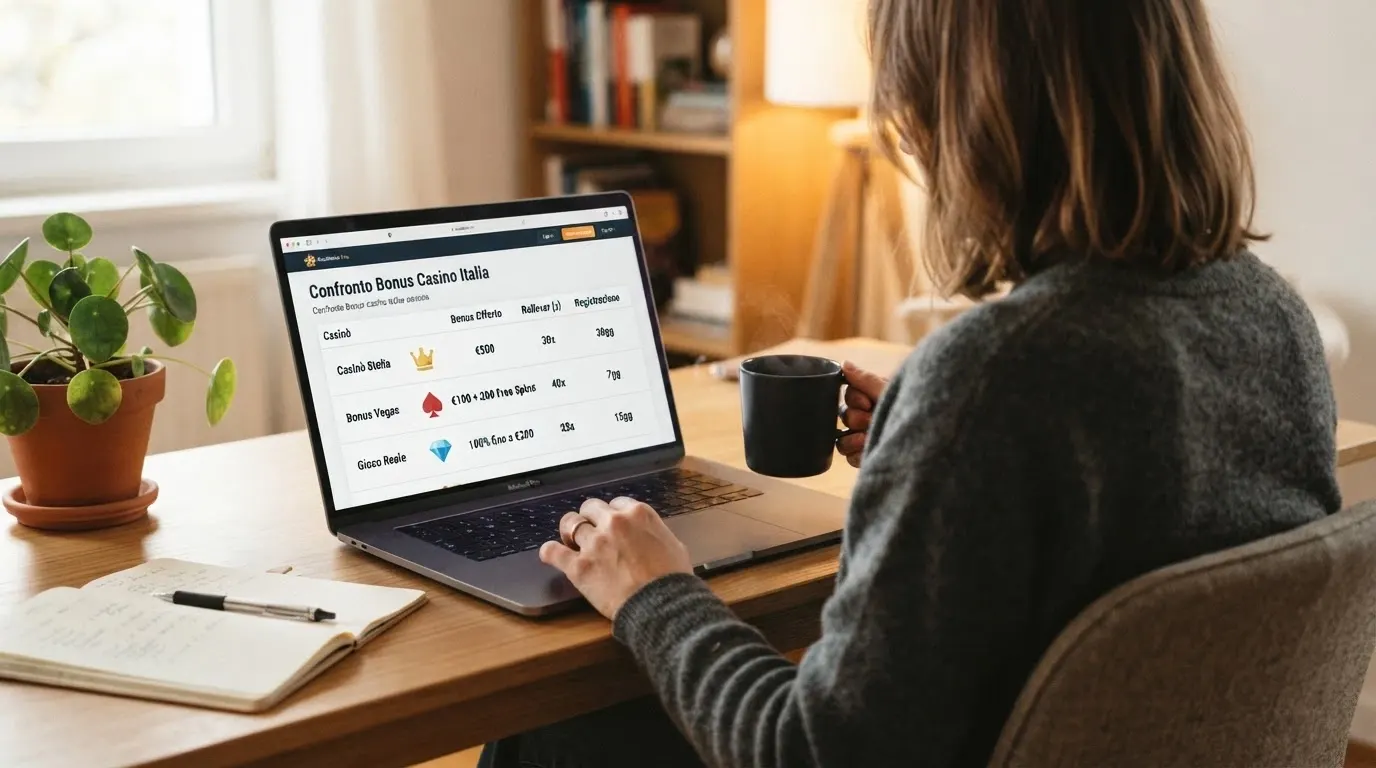 Una tabella comparativa stilizzata con loghi di casinò online e accanto le condizioni del bonus senza deposito (importo, giri gratis, rollover)