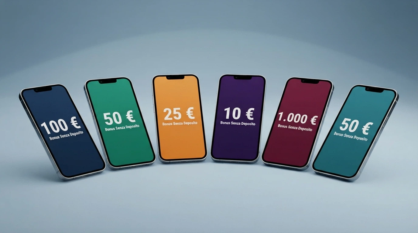 Una vista comparativa di sei schermate di casinò ADM con i rispettivi importi del bonus senza deposito in evidenza: 100 €, 1.000 €, 50 €, 50 €, 25 €, 10 €