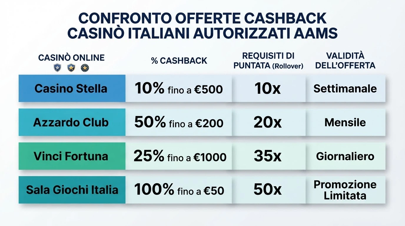 Una tabella comparativa stilizzata con loghi di casinò ADM affiancati da percentuali di cashback e requisiti di puntata