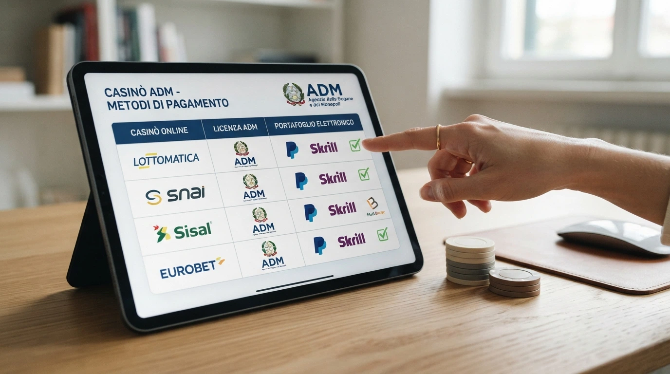 Una tabella comparativa stilizzata con le icone dei casinò ADM recensiti, il logo Apple Pay in evidenza e accanto la dicitura «Concessione ADM»