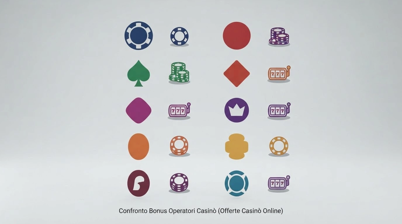 I loghi di dieci casinò online con licenza ADM disposti in una griglia comparativa, ciascuno accompagnato da un'icona che ne rappresenta la caratteristica distintiva del bonus di benvenuto