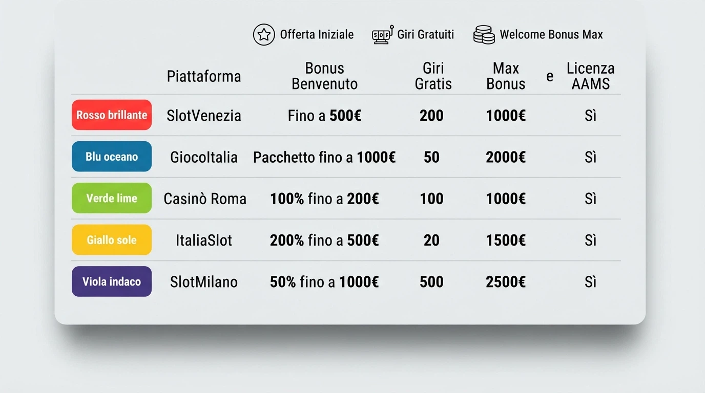 Una tabella comparativa stilizzata con le icone dei 10 casinò ADM recensiti, affiancate da badge che indicano la presenza di bonus senza deposito, free spin e l'importo del bonus di benvenuto
