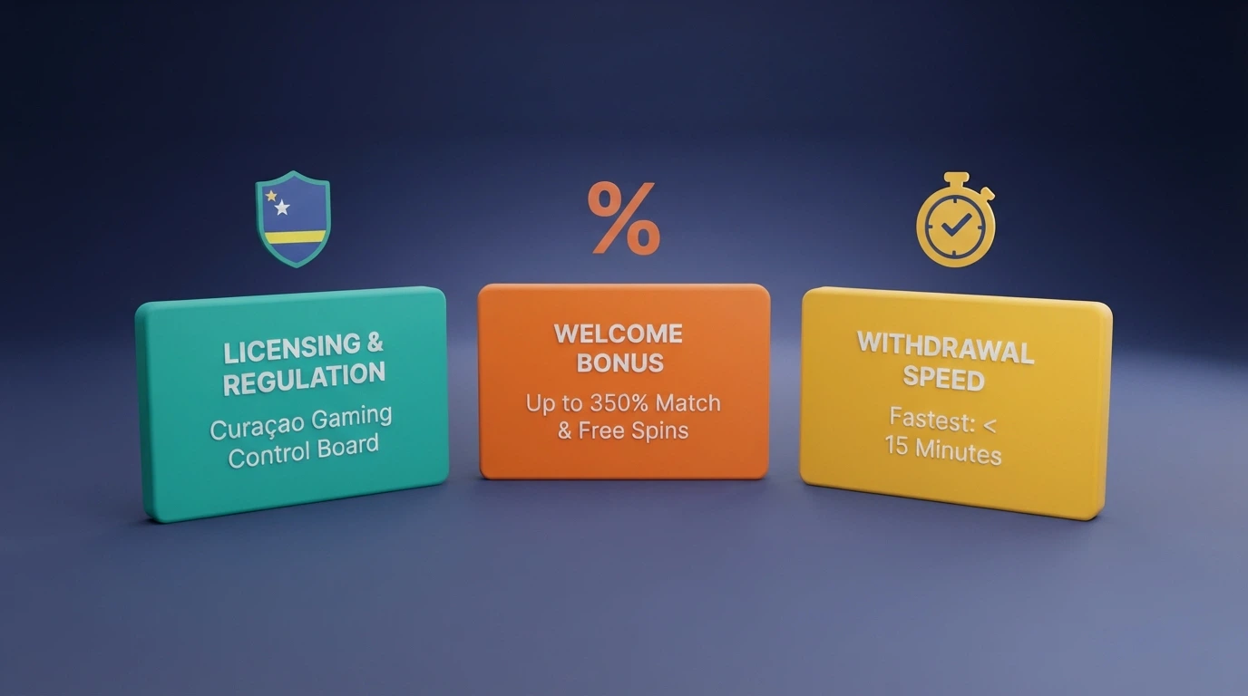 Una tabella comparativa stilizzata con icone di licenze (Curaçao, Costa Rica), simboli di percentuali bonus e un cronometro per i tempi di accredito