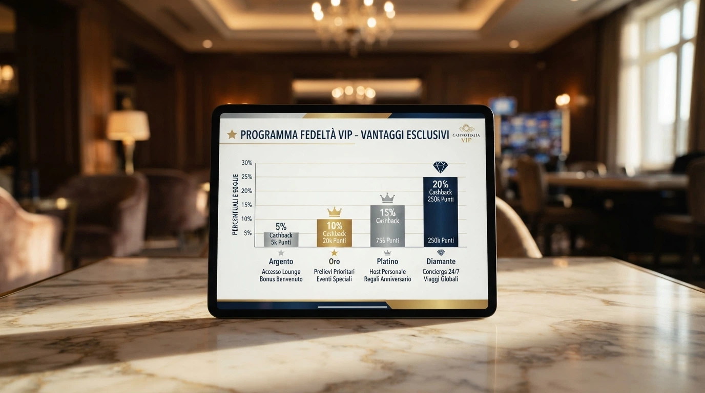 I loghi dei casinò ADM disposti in griglia accanto a una tabella comparativa di bonus e programmi VIP