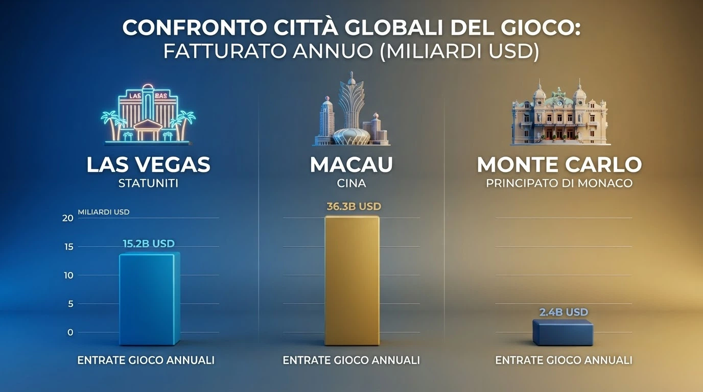 Mappa concettuale o grafico comparativo delle principali città del gioco con numero di casinò e ricavi