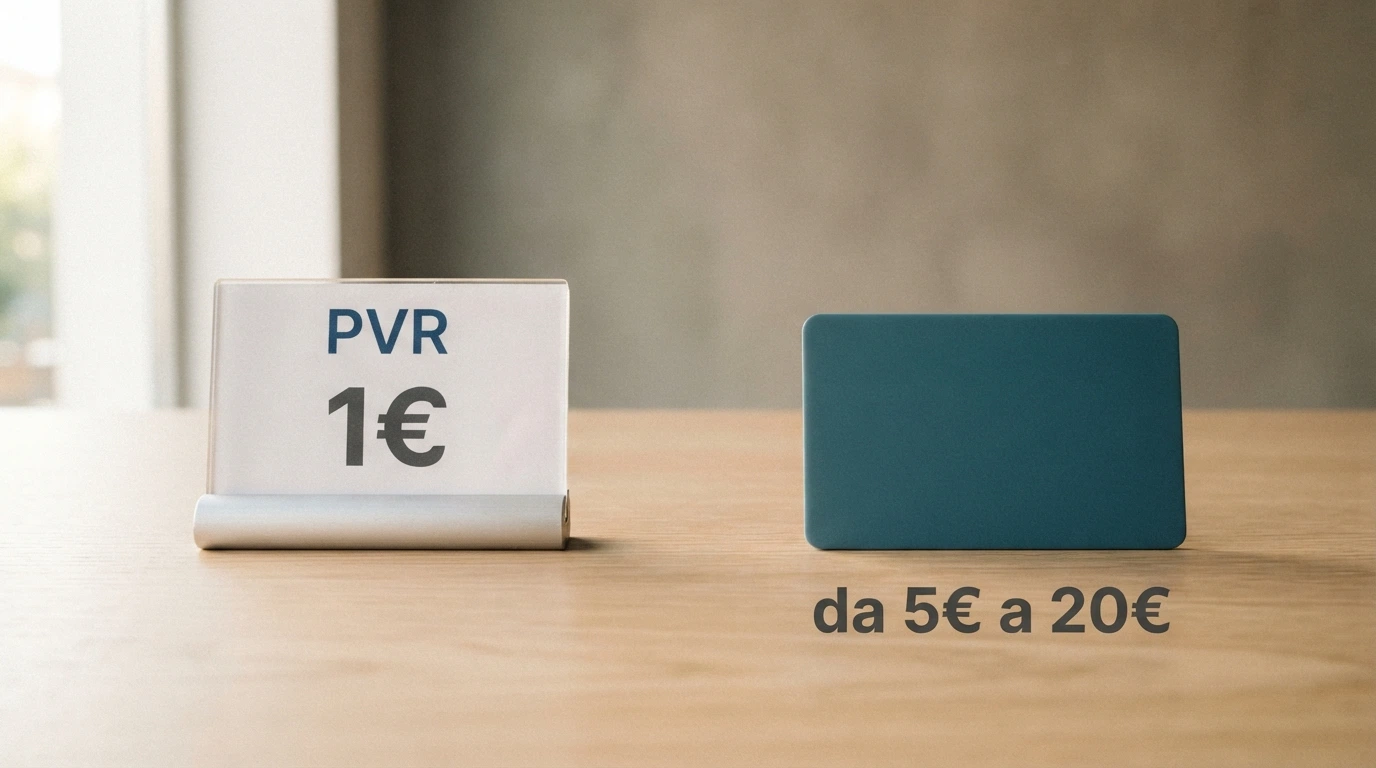 Una tabella affiancata da due colonne visive: a sinistra il logo di un punto vendita PVR con l'etichetta «1€», a destra il simbolo di una carta di credito con l'etichetta «da 5€ a 20€».
