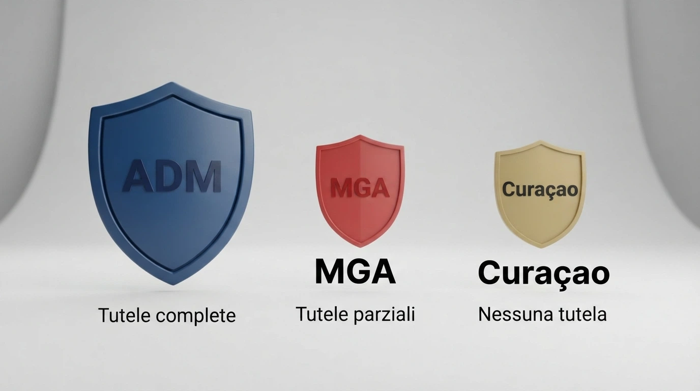 Schema a tre colonne che confronta le tutele offerte ai giocatori italiani dalle concessioni ADM, dalle licenze MGA e dalle licenze Curaçao