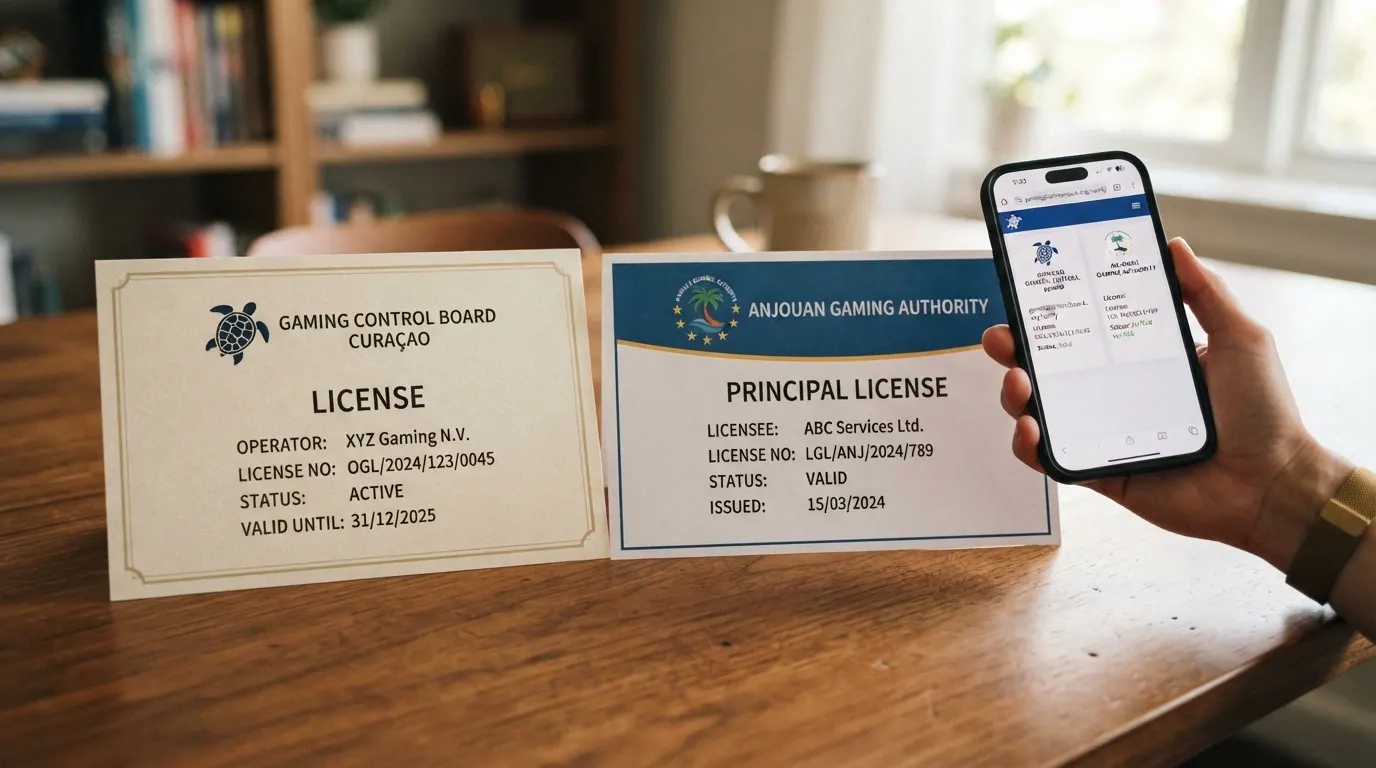 Due sigilli di licenza affiancati: il certificato CGA di Curacao a sinistra e il registro AGA di Anjouan a destra, con i rispettivi elementi di verifica evidenziati