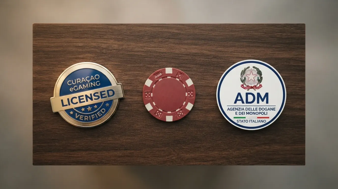 Due colonne affiancate: a sinistra il badge di una licenza Curaçao eGaming, a destra il logo dell'Agenzia delle Dogane e dei Monopoli, con una bilancia al centro