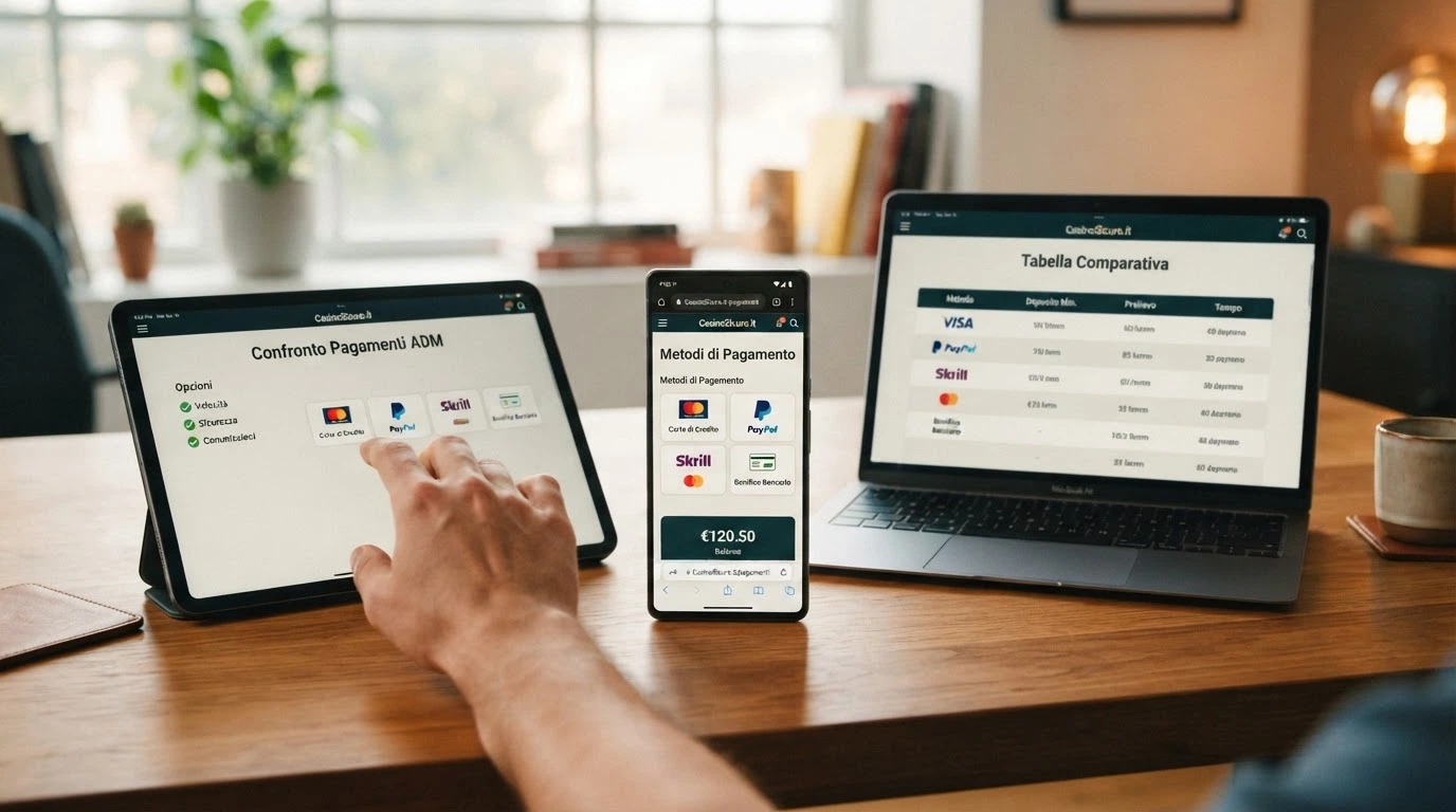 Rappresentazione visiva del confronto tra i 10 casinò con concessione ADM recensiti in questa guida, con i metodi di pagamento accettati da ciascuno in evidenza