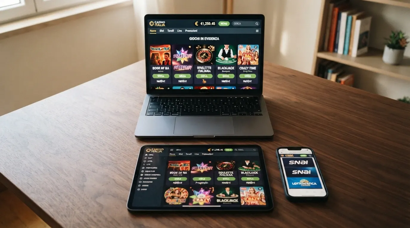 Una vista d'insieme delle interfacce di diversi casinò online affiancate, con indicatori visivi che distinguono i siti con licenza ADM da quelli con licenza internazionale