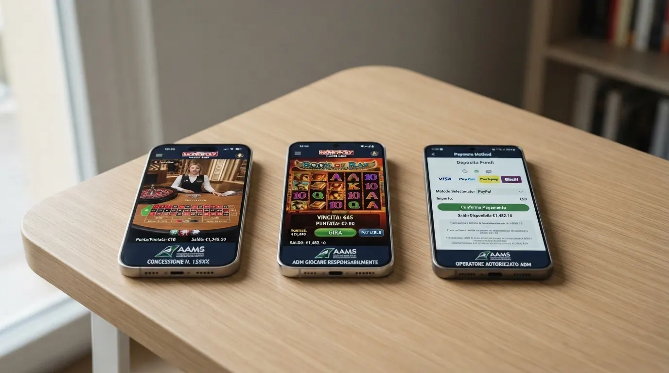 Vista affiancata delle homepage di tre operatori ADM con struttura e catalogo giochi a confronto