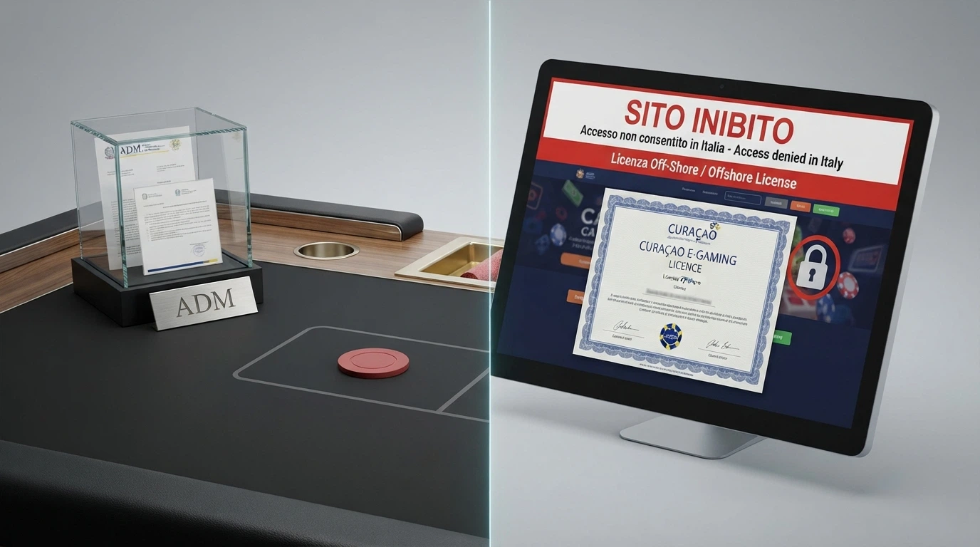 Un tavolo da gioco diviso a metà: a sinistra un ambiente regolamentato con documenti ufficiali e il logo ADM, a destra uno schermo con una licenza Curaçao e l'avviso «sito inibito»