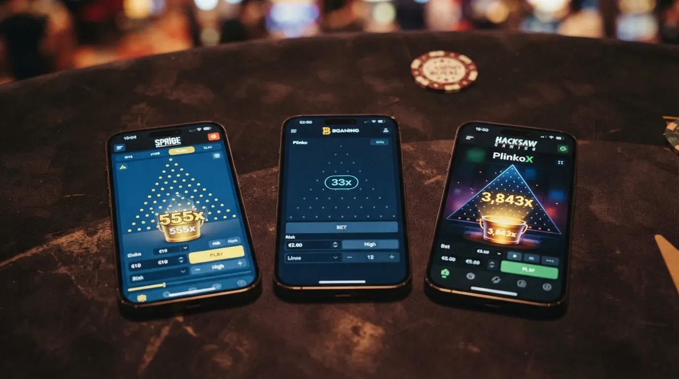 Tre schermate affiancate delle interfacce Plinko di Spribe, BGaming e Hacksaw Gaming, ciascuna con il proprio tabellone, moltiplicatori e design distintivo.