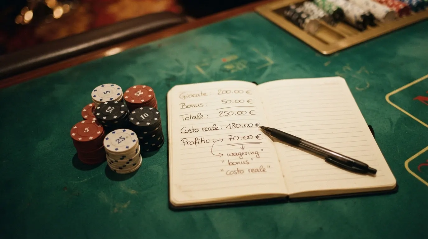 Una pila di fiches da casinò accanto a un foglio con una calcolatrice e una penna; alcune fiches sono in ombra per indicare la parte che si perde con i requisiti di puntata
