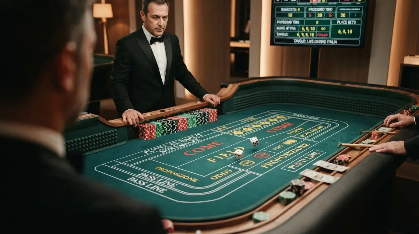 Tavolo da craps dal vivo con croupier in smoking dietro il layout verde, monitor con le quotazioni e interfaccia di scommessa digitale
