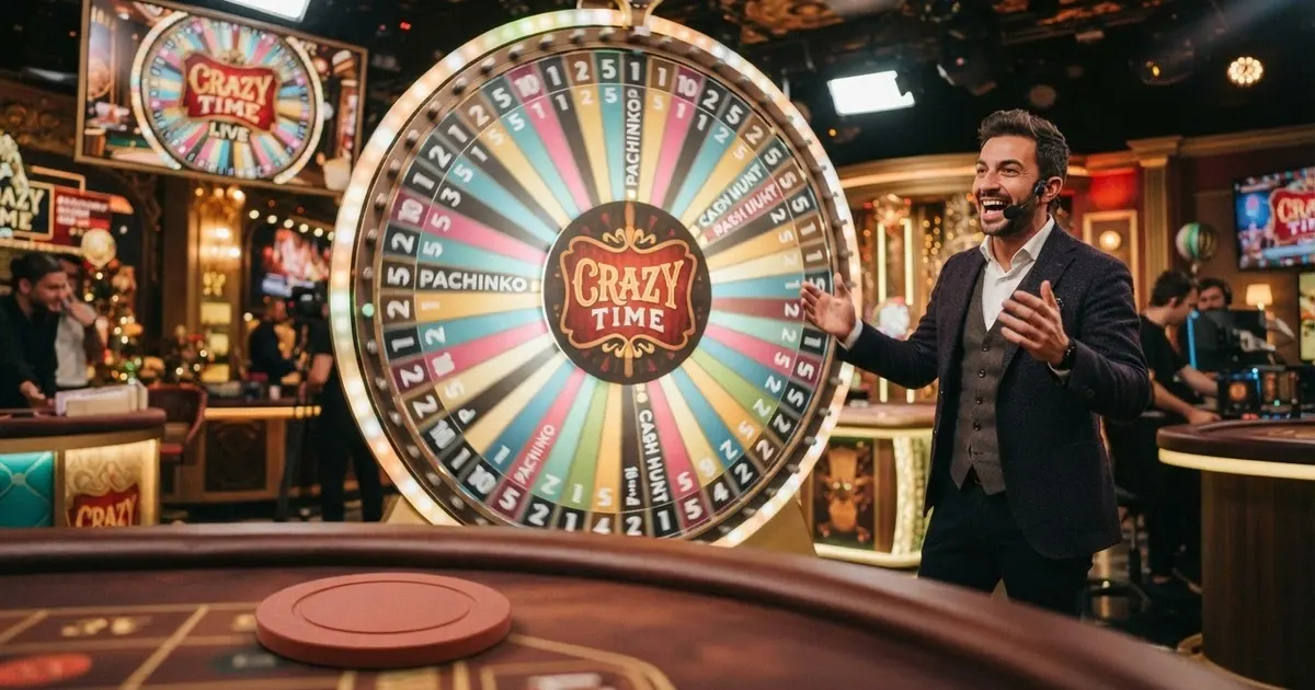 La ruota della fortuna verticale di Crazy Time con il presentatore dal vivo nello studio Evolution