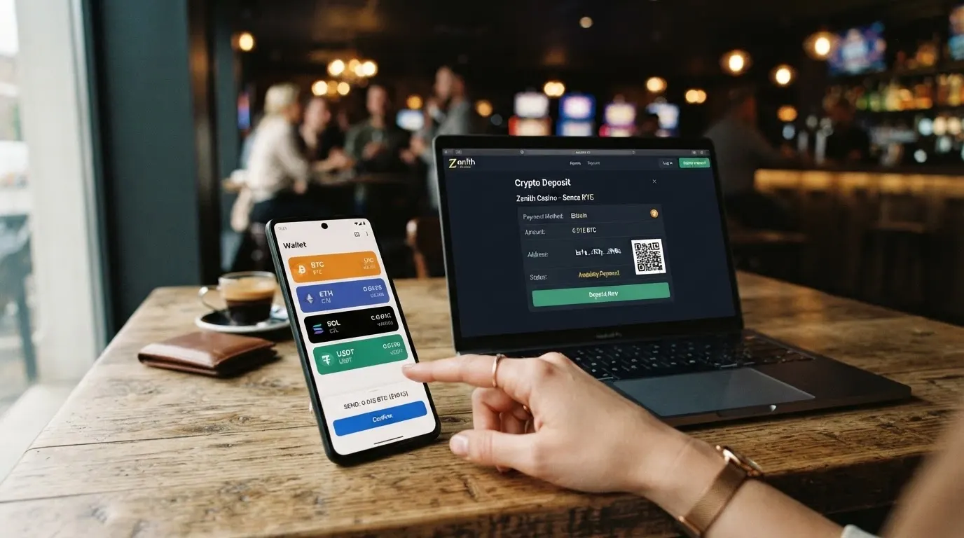 Uno smartphone con l'interfaccia di un wallet crypto che mostra le principali criptovalute accettate (Bitcoin, Ethereum, USDT) accanto alla schermata di deposito di un casino online