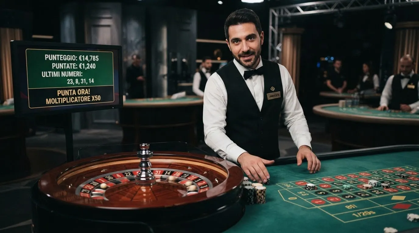 Un croupier in studio dal vivo dietro una ruota della roulette, con interfaccia di gioco in italiano e moltiplicatori visibili sullo schermo
