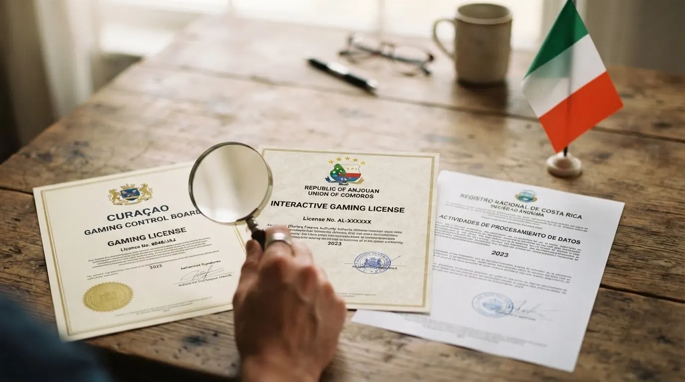 Documenti e sigilli di licenza di diverse giurisdizioni — Curaçao, Anjouan, Costa Rica — a confronto con il logo dell'ADM