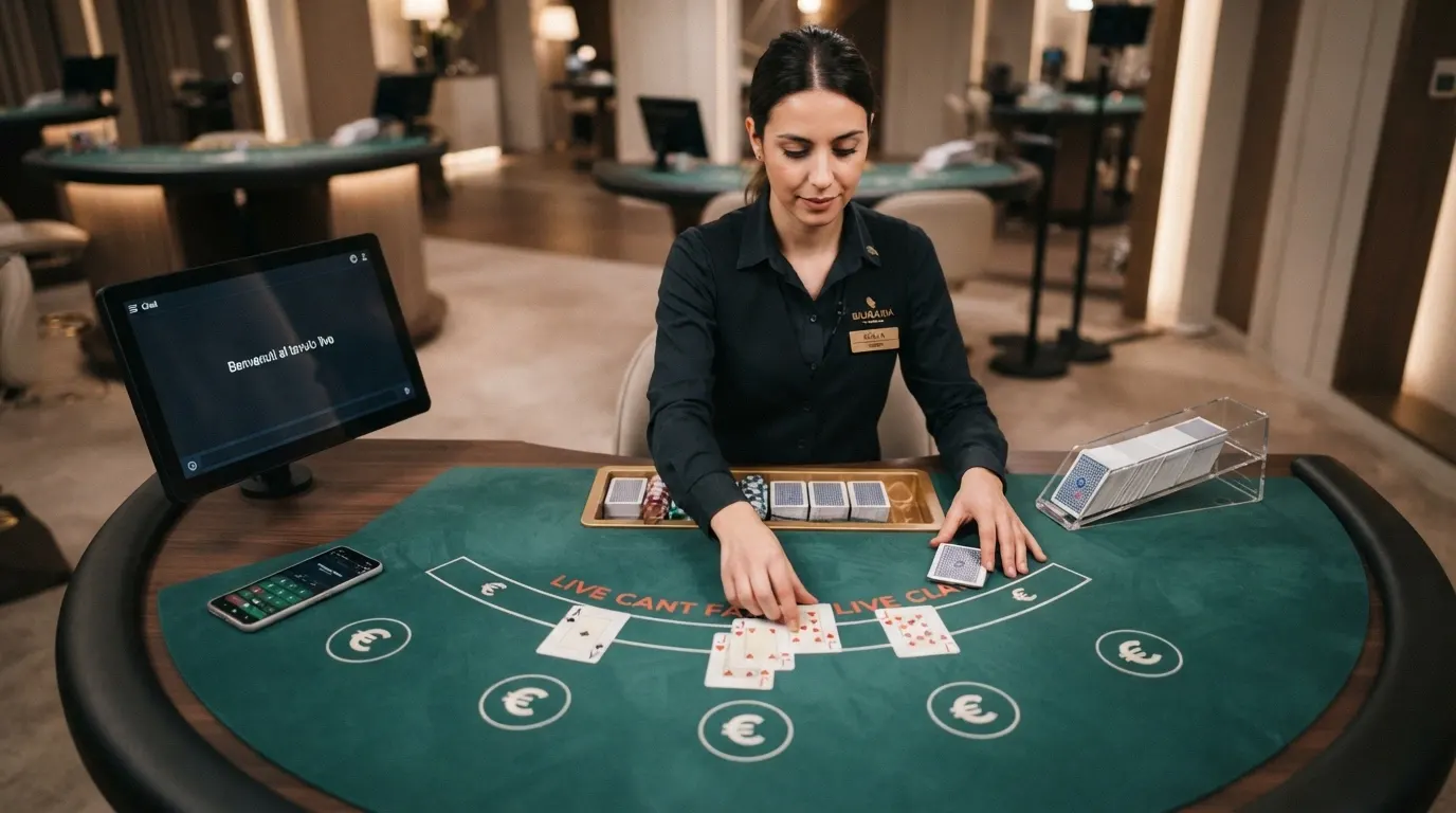 croupier italiano al tavolo di blackjack live Evolution Gaming con interfaccia di puntata digitale e chat visibile sullo schermo