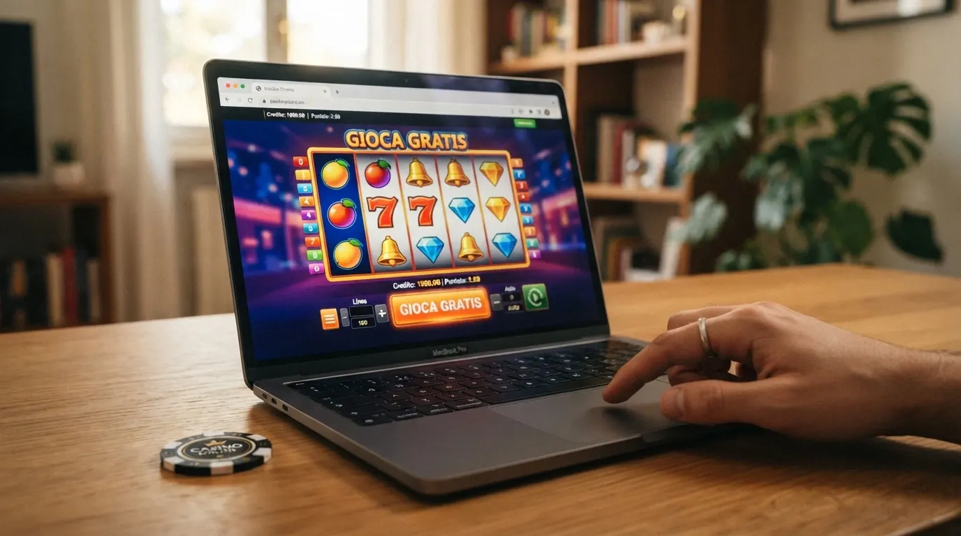 Il cursore del mouse che clicca sul pulsante «Gioca gratis» di una slot in versione browser, senza finestre di login né campi di registrazione sullo sfondo