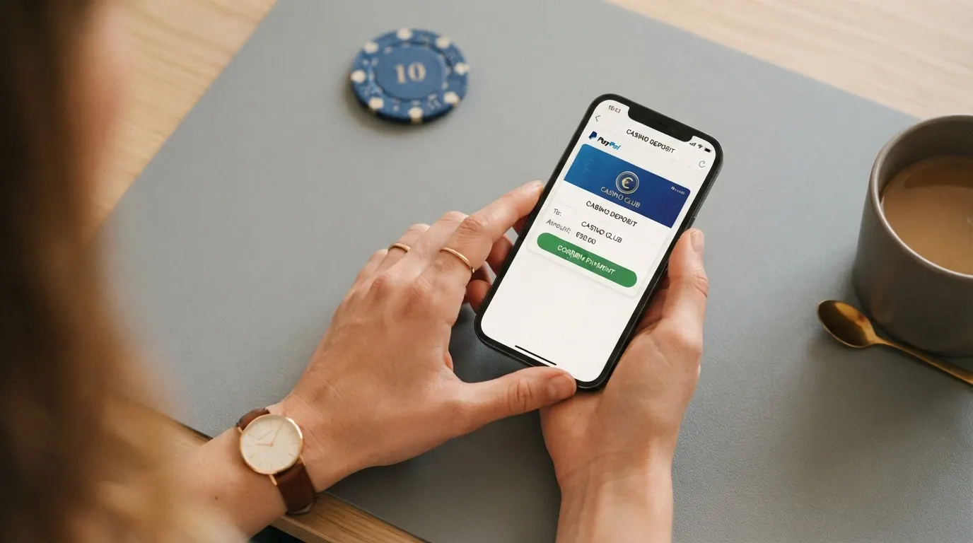 Un primo piano di un iPhone con Face ID attivato durante un deposito su un casinò online, il volto dell'utente riflesso nello schermo