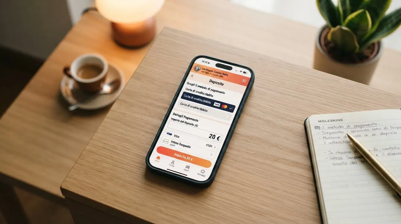 Lo schermo di uno smartphone con la pagina di cassa di un casinò online, l'opzione Nexi/CartaSi selezionata tra i metodi di pagamento e l'importo in euro in fase di inserimento