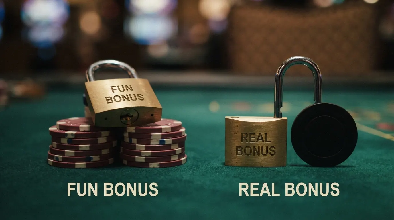 Due colonne affiancate: a sinistra «Fun Bonus» con un lucchetto e la scritta «x60», a destra «Real Bonus» con un lucchetto aperto e la scritta «x1»