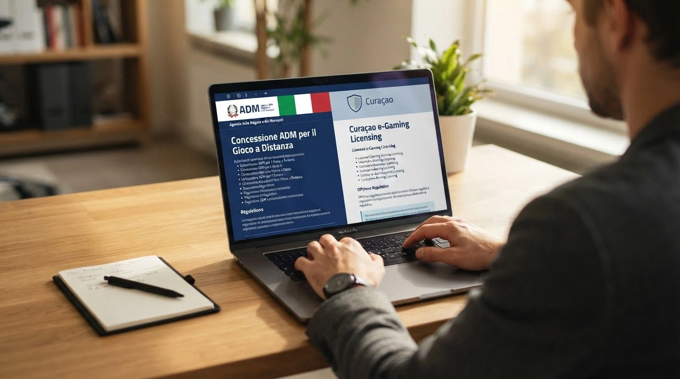Schema visivo che mette a confronto le protezioni offerte da una concessione ADM (RUA, supervisione diretta, esenzione fiscale, foro legale italiano) con quelle di una licenza Curaçao (nessuna delle precedenti)