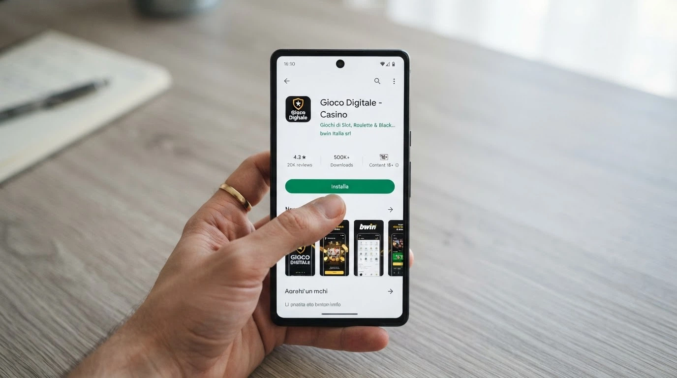 Smartphone che mostra la schermata di download di un'app casinò dal Google Play Store, con il pulsante Installa in evidenza e la descrizione dell'app visibile sotto