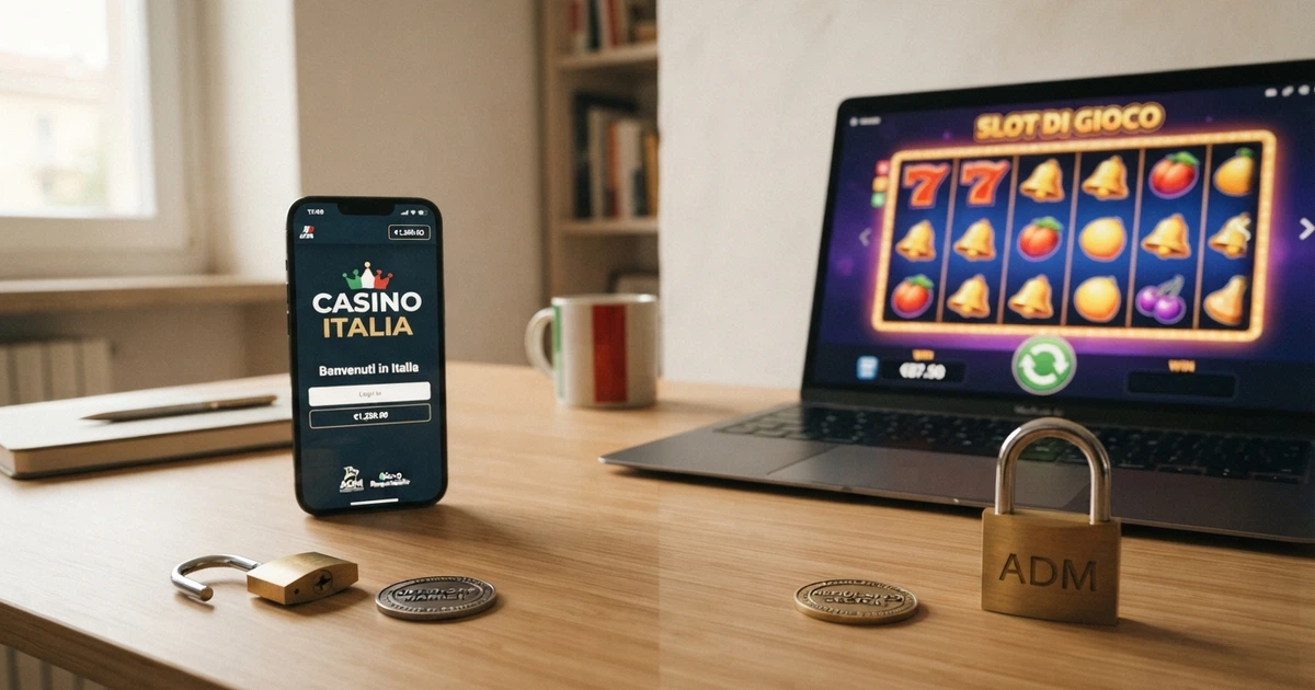Un primo piano di una schermata di ricerca con risultati di casinò online, affiancata da due icone: un lucchetto aperto (offshore) e uno chiuso con il simbolo ADM (concessionario)