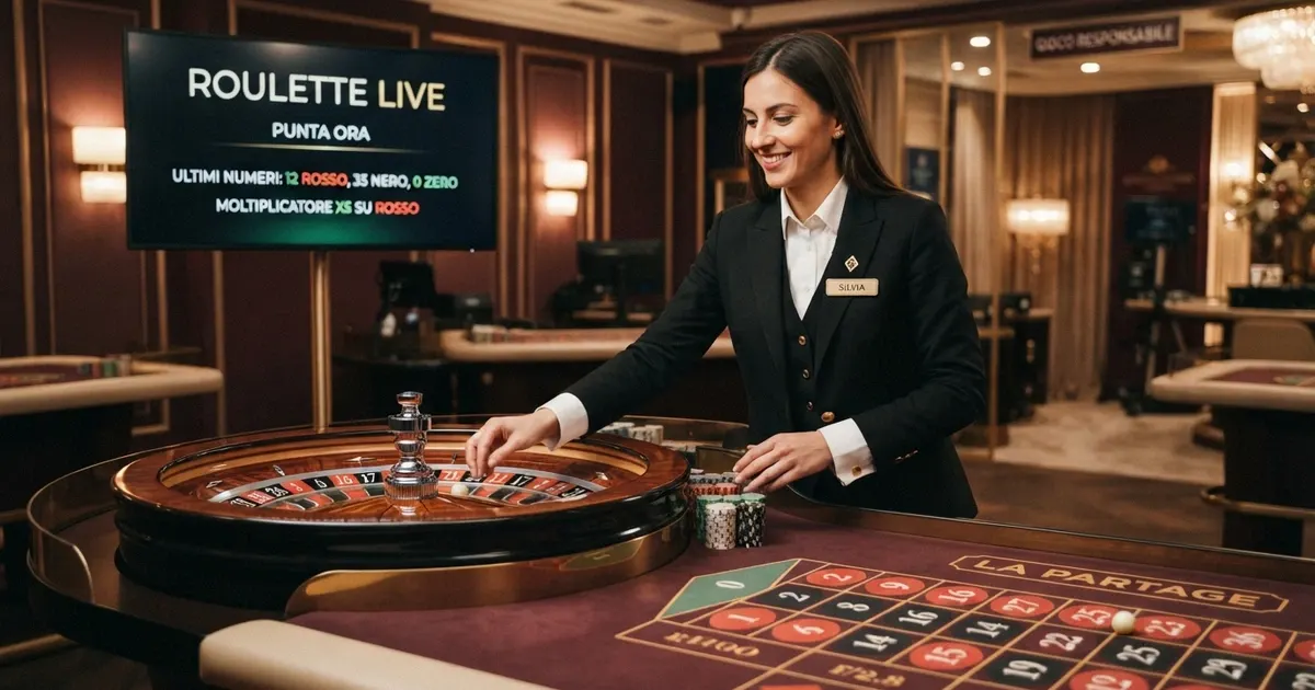 Una sala da gioco dal vivo con tavolo da roulette e dealer in uniforme, illuminata da luci calde, con il logo Evolution Gaming visibile su uno schermo sullo sfondo.