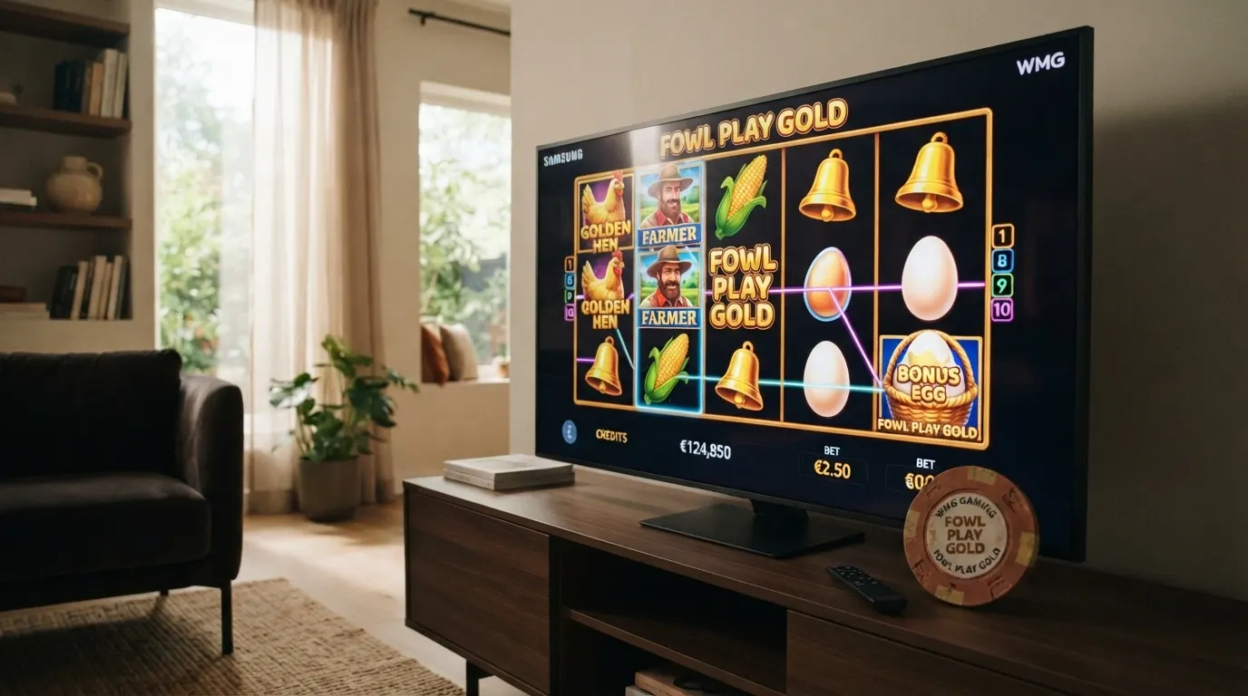La schermata di gioco di Fowl Play Gold, la slot WMG più iconica, con i simboli della gallina e i rulli in evidenza