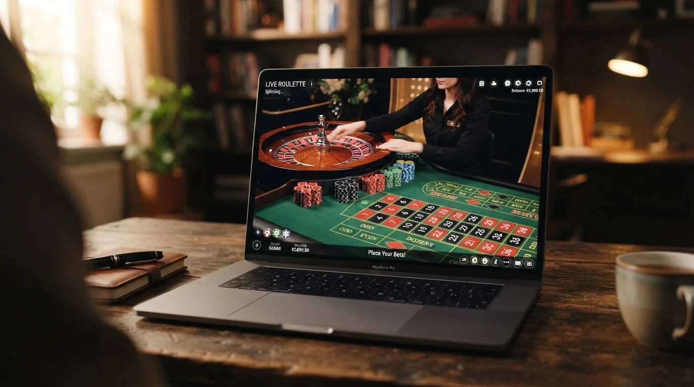 Una schermata di gioco con una slot machine digitale a tema crypto e, in secondo piano, un tavolo di roulette con croupier in streaming