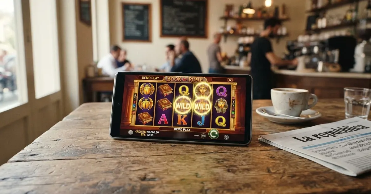 Interfaccia di una slot machine online in modalità demo con rulli colorati, credito virtuale visibile e pulsante di giro attivo.
