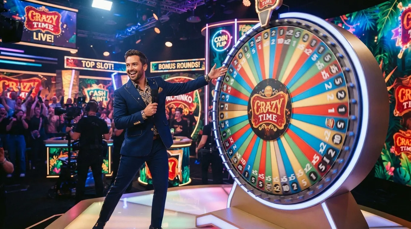 La ruota di Crazy Time in rotazione con il conduttore nello studio di Evolution Gaming, moltiplicatori a schermo e interfaccia di puntata